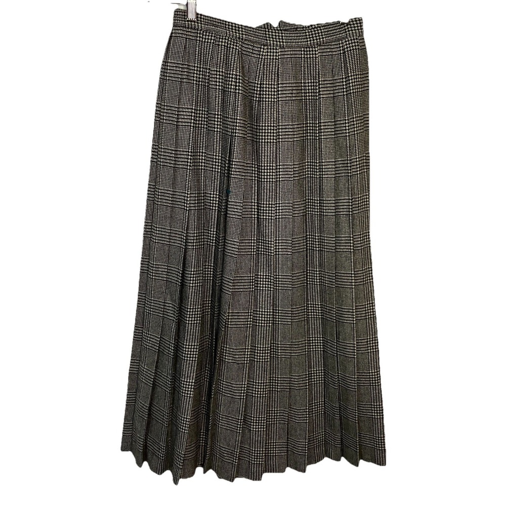 JS Sport Vintage Wool Cashmere Plaid Pleated Midi Skirt Black White Size 10